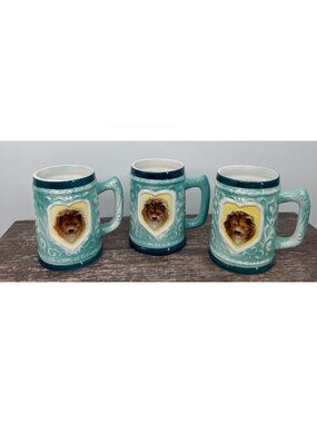 Rare Lion's Head Motif Beer Stein Mugs Ucagco Ceramics Japan Vintage Set Of 3